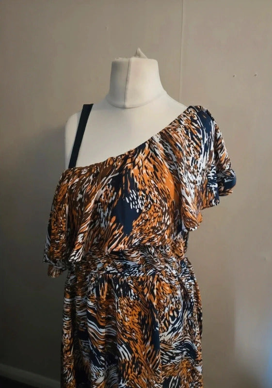 Pep & Co Orange & Navy Floral One Shoulder Slit Flared Maxi Dress Size 16 NWT