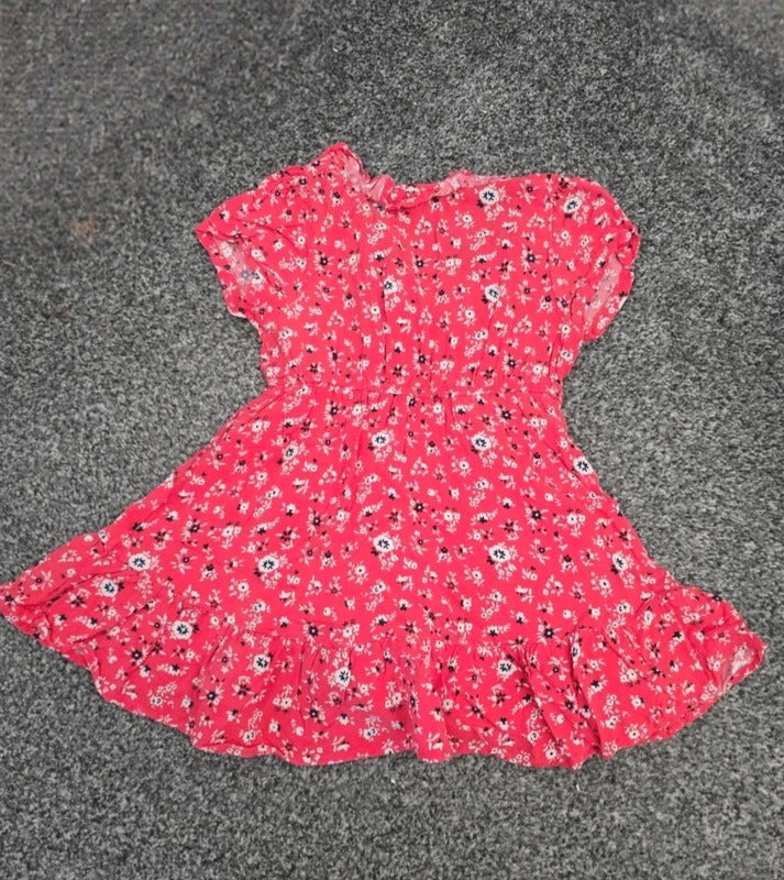 Primark Girls Bright Pink Ditsy Floral Frill Wrap Summer Dress Age 12-18 Months