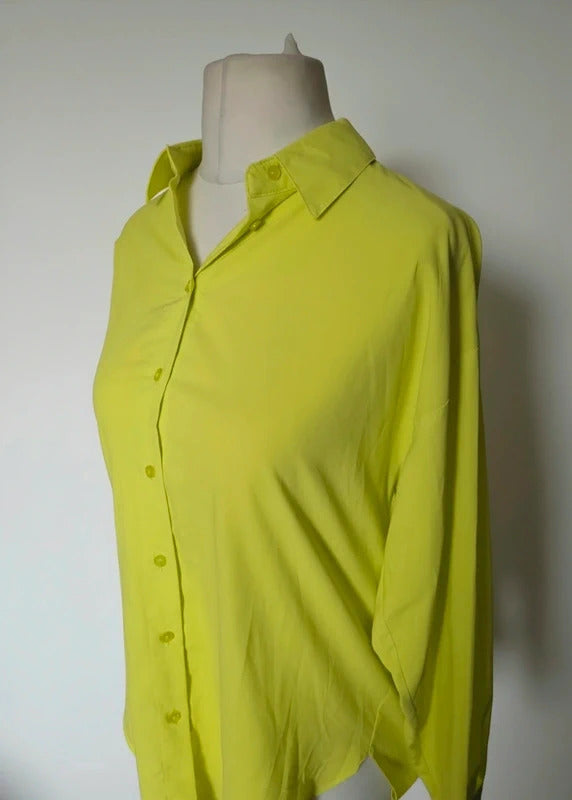 Primark Neon Lime Green Oversized Long Sleeve Button-Up Shirt Size 10 New