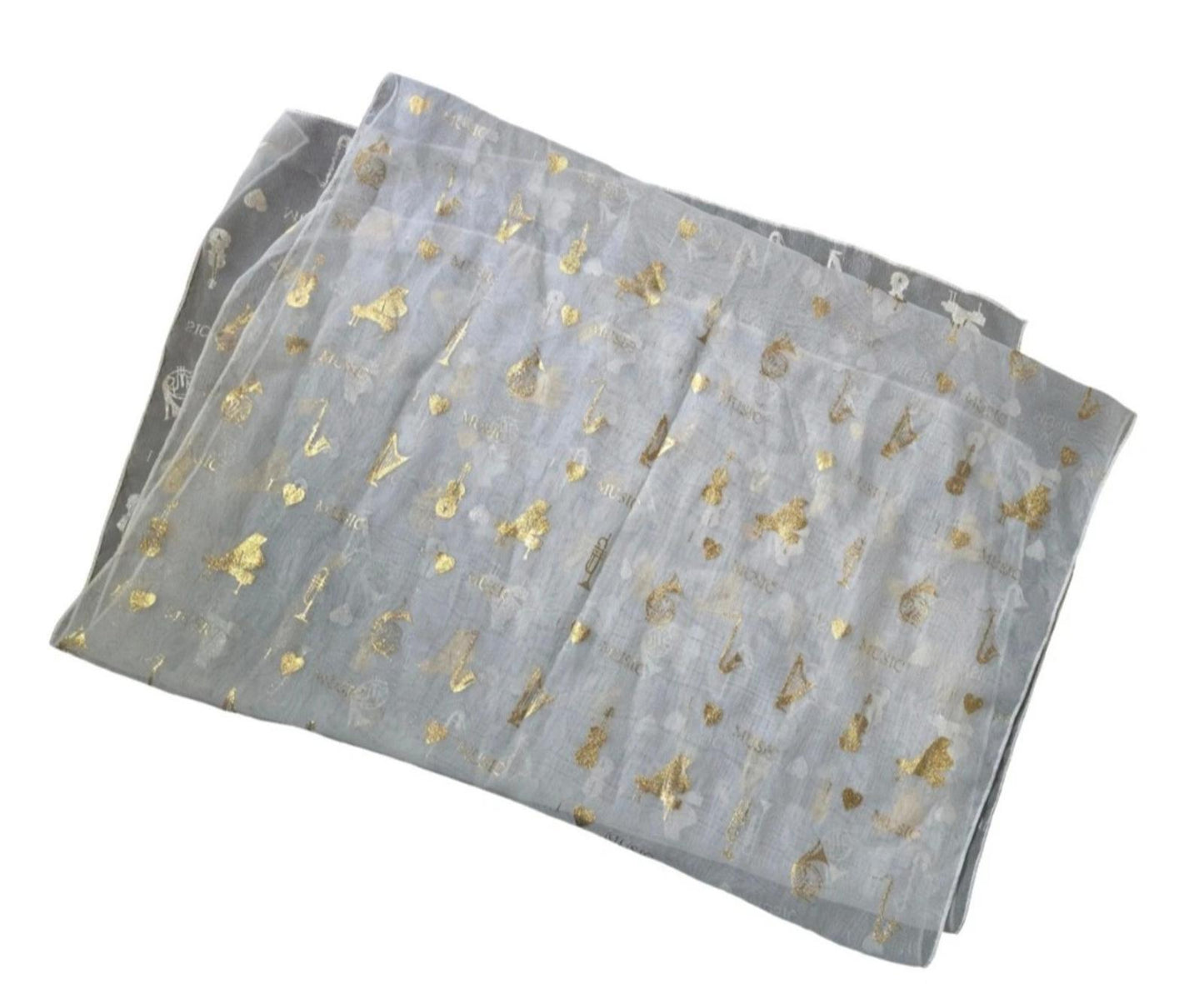 White & gold music print shawl lightweight