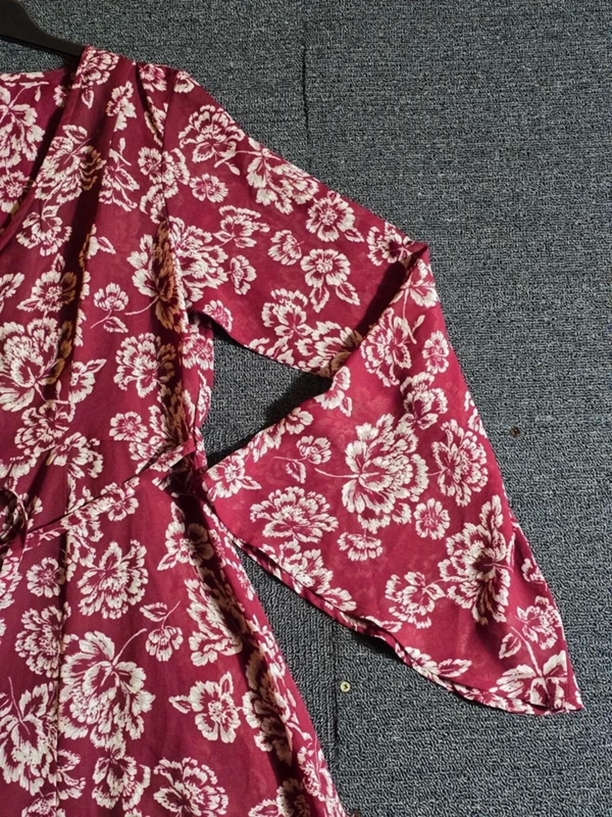 Brave Soul Burgundy Floral Boho Dress UK Size 10/12 Belted Flared Sleeves