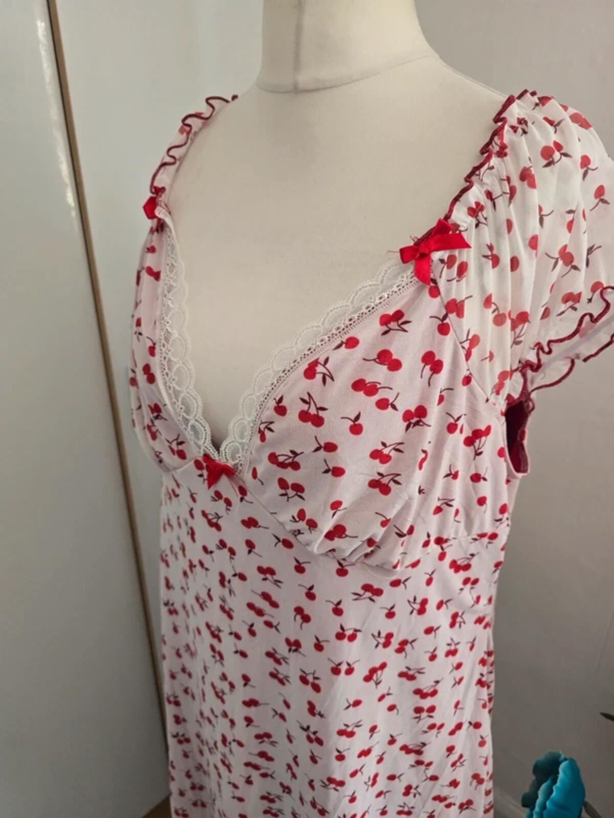 Romwe White & Red Cherry Print Lace V-Neck Dress Size 2XL Size 20