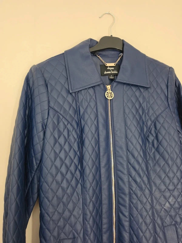 Dennis Basso Navy Blue Quilted Faux Leather Long Jacket Coat Small Size 8-10