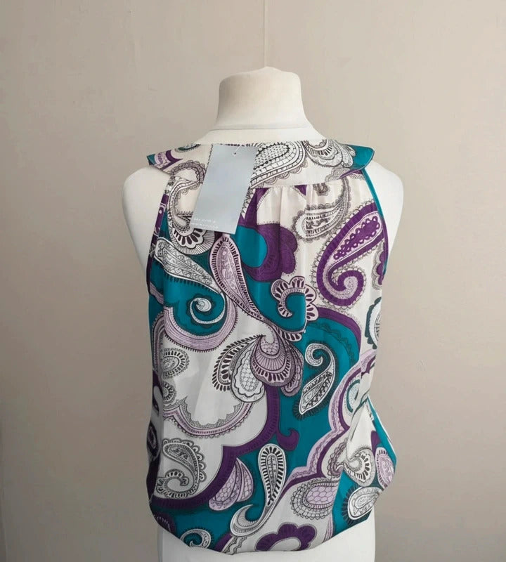 Wallis NWT Sleeveless Blouse Top Med Size 10-12 Green Purple White Embellished