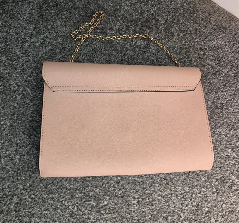 Primark Beige Faux Leather Magnetic Closure Clutch Shoulder Bag With Gold Strap