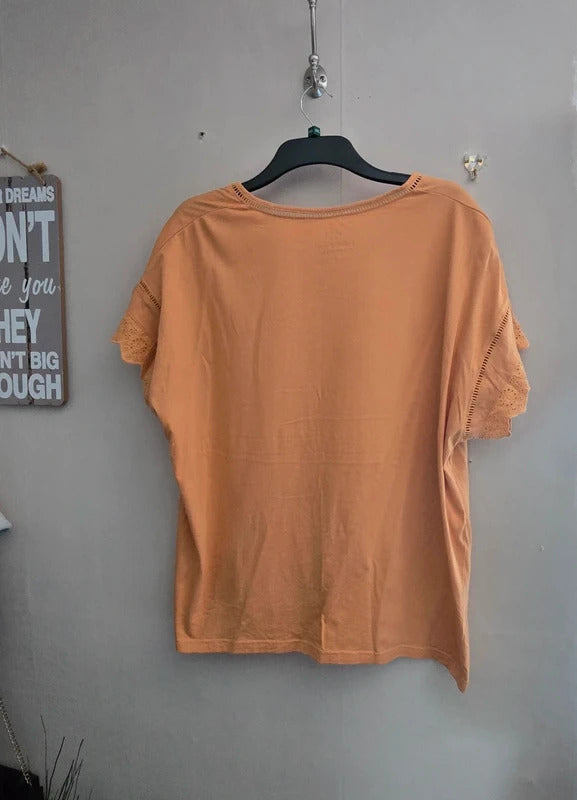 Damart Orange Crochet Frill Sleeve V-Neck Cotton Relaxed Top Size 22/24