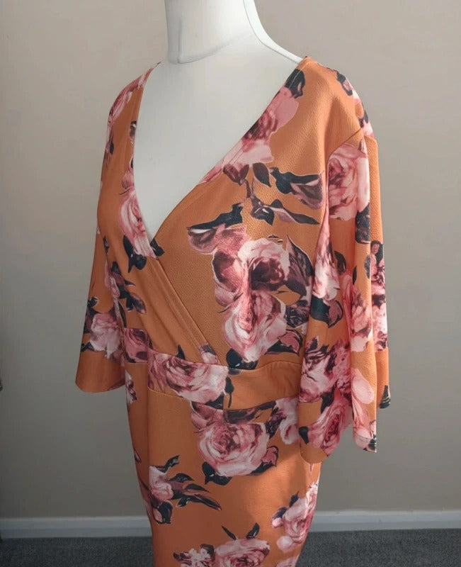 Shein Burnt Orange Floral V-Neck Bodycon Flared Sleeve Long Dress 3XL Size 24