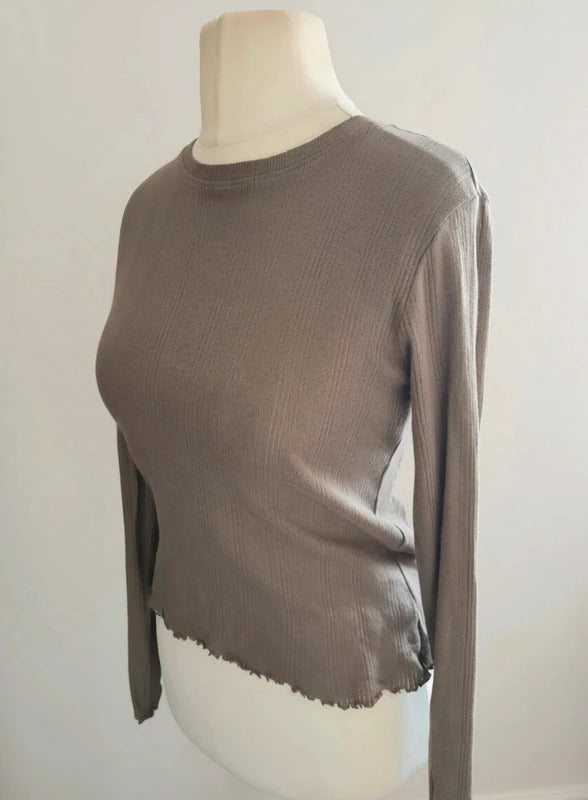 Pieces Brown Ribbed Long Sleeve Top XS Size 8-10 Cotton Lettuce Hem Casual T-Shirt