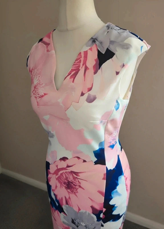 Roman Pink White & Navy Floral Bodycon Midi Dress Size 10