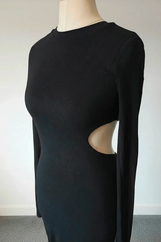 AFRM Black Ribbed Bodycon Midi Dress Long Sleeve Cut Out Size S UK 8–10