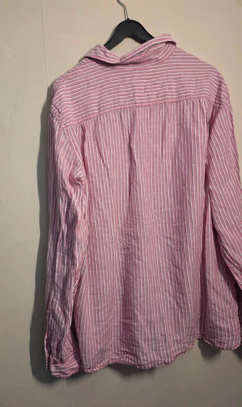 Men's M&S Blue Harbour Pink White Striped Linen Cotton Shirt Size XL