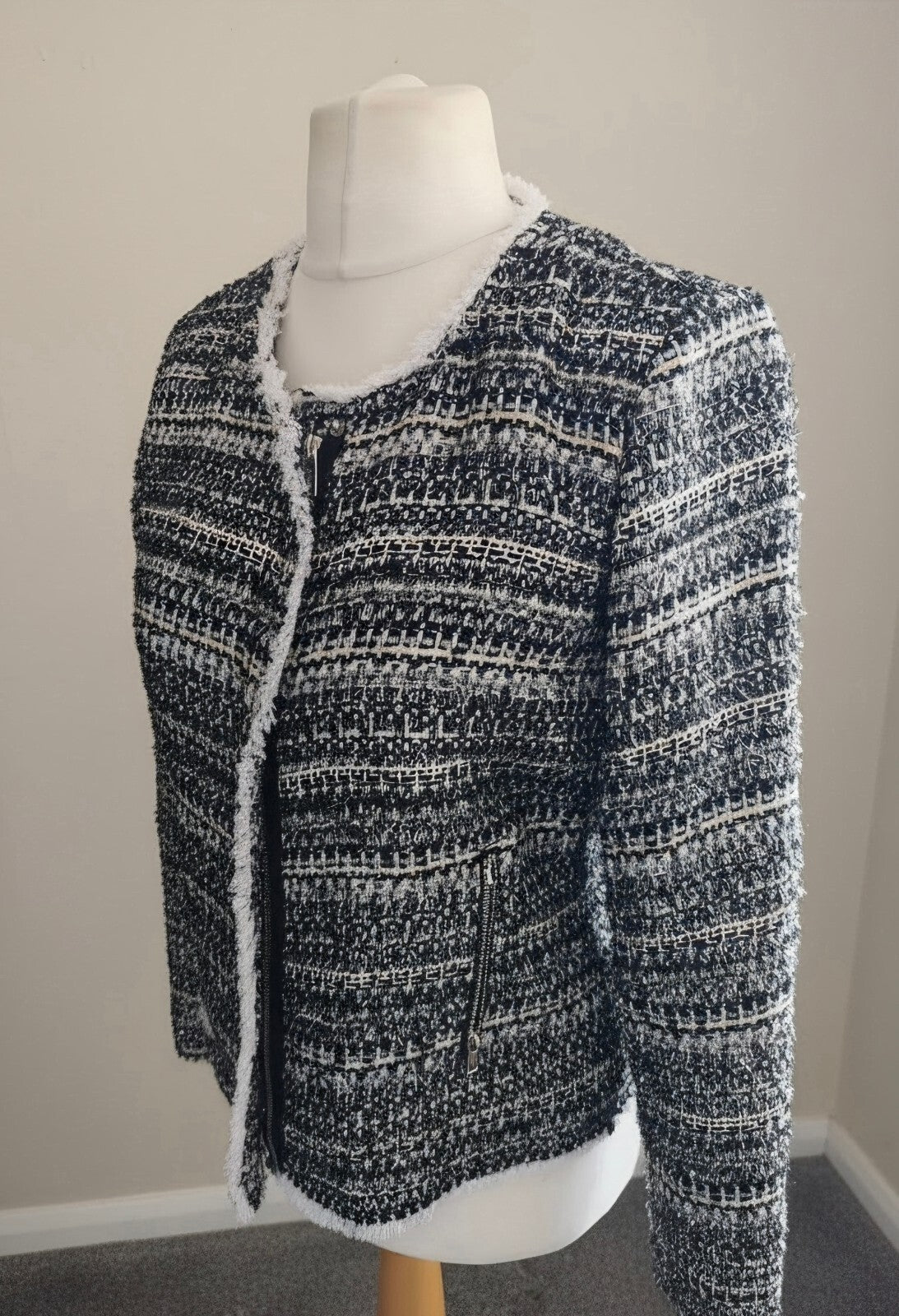 Next Tailoring Black White & Silver Tweed Frayed Trim Zip Jacket Blazer Size 10R