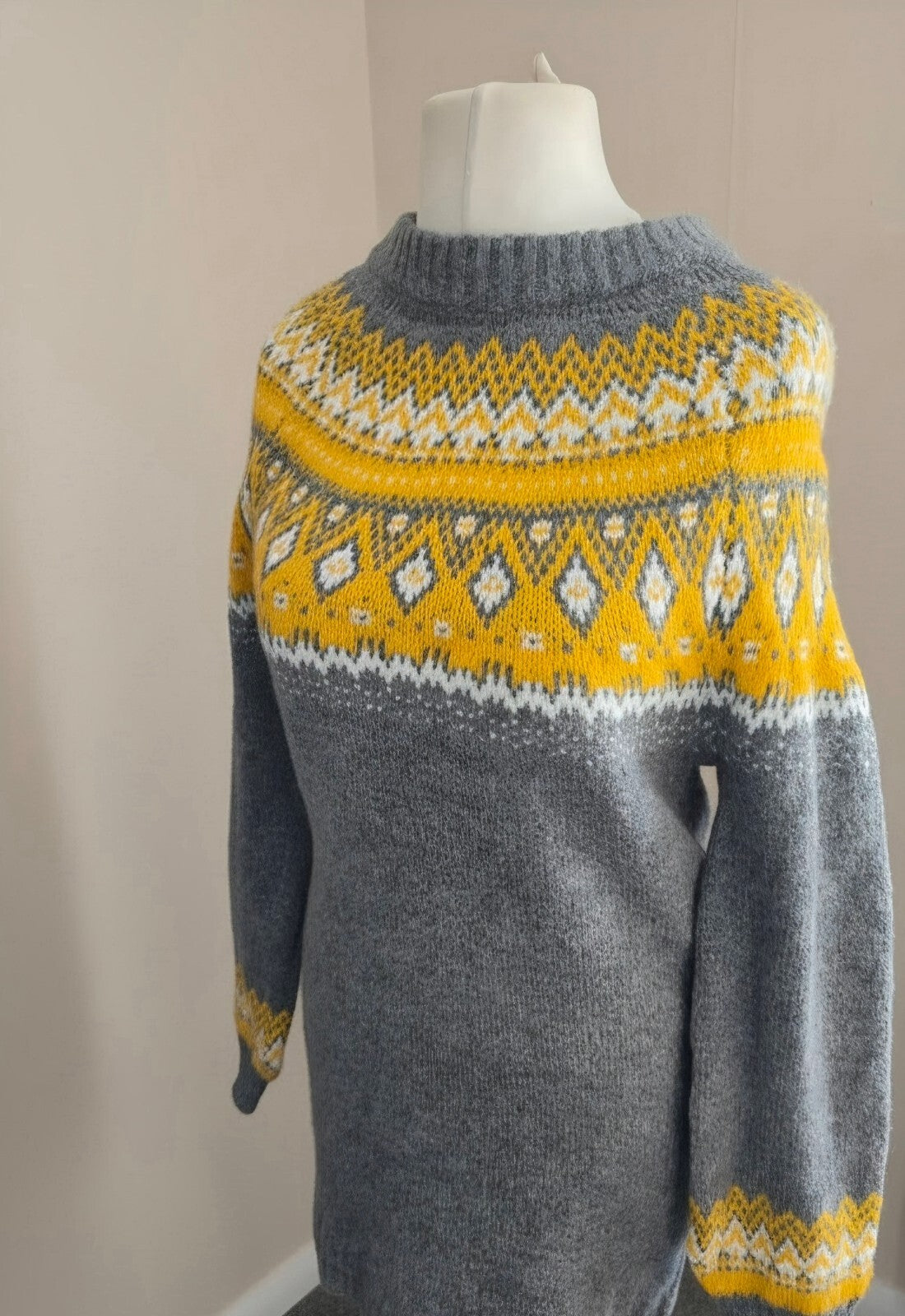 Esmara Grey & Mustard Yellow Fair Isle Knitted Jumper Dress Small (Size 8-10)