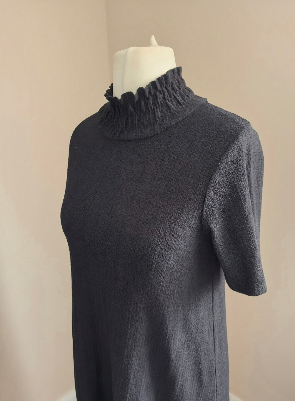Zara Black High-Neck Textured Frill Hem Dress Small Size 8–10