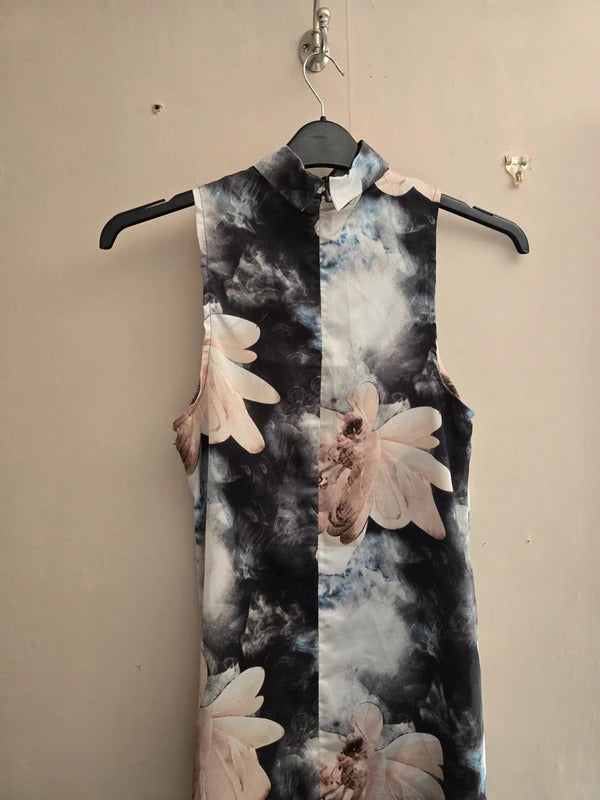 Parisian Collection Metallic Black Grey & Pink Choker Neck Mini Dress Size 8