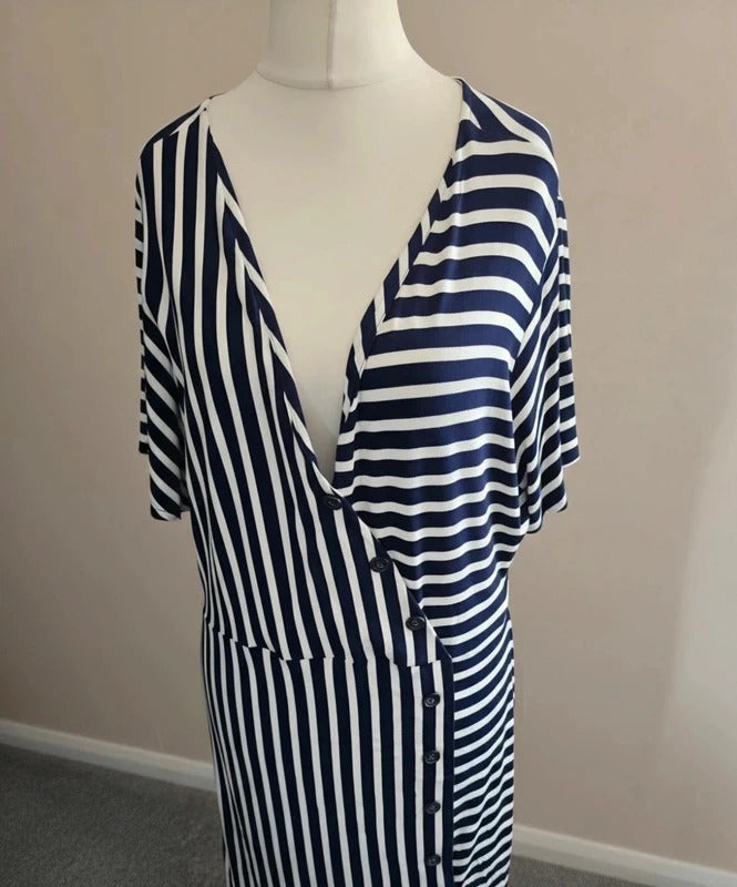 Oasis Navy & White Striped V-Neck Button Front Midi-Maxi Dress XL Size 16-18