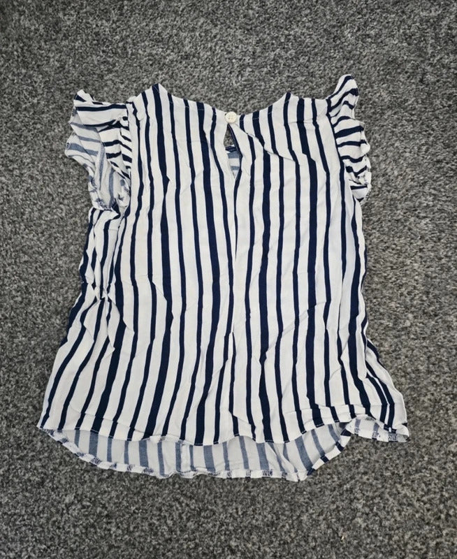 Primark Girls White & Navy Striped Sequin Cherry Frill T-Shirt 4-5years