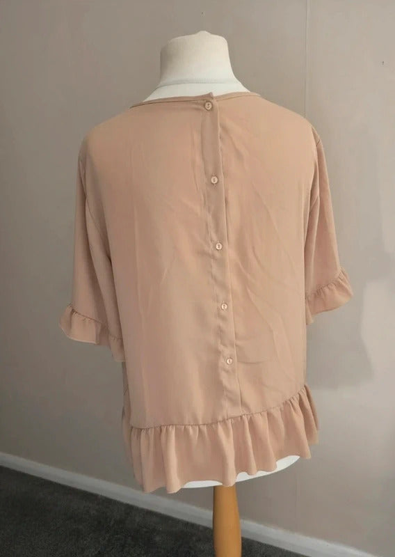 Boohoo Beige Frill Detail Short Sleeve Button Back Blouse Size 16