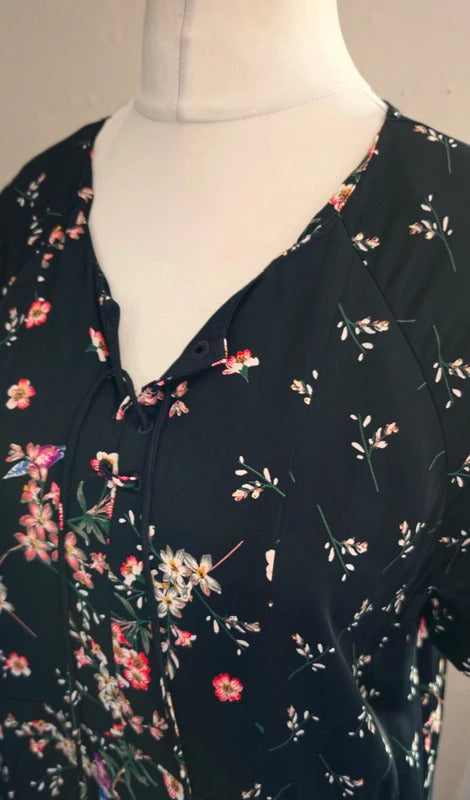 Phase Eight Black Floral Dress β UK Size 16 β Short Sleeves Pockets Smart Casual