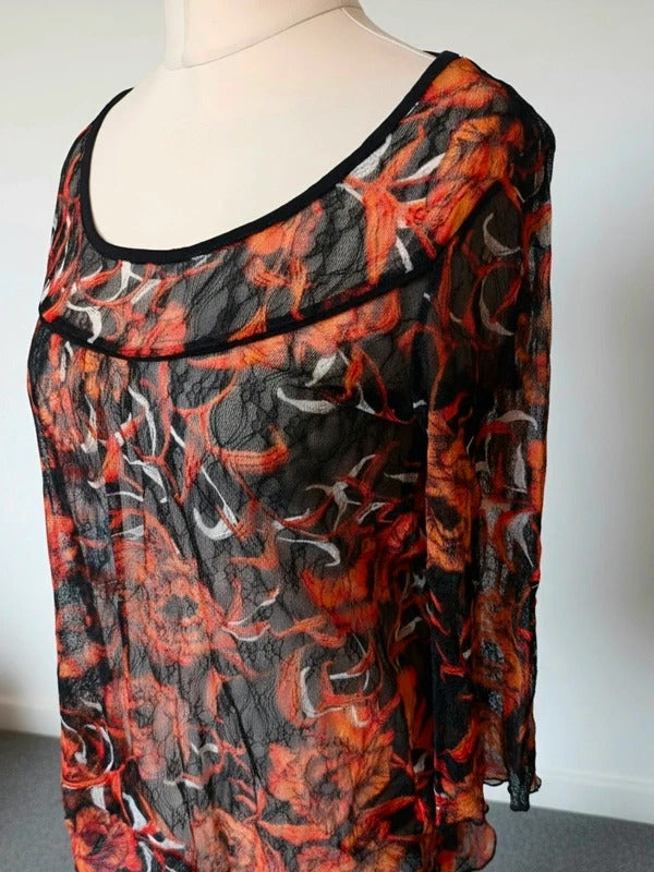 Per Una Black & Orange Floral Sheer Blouse Top – Size 16