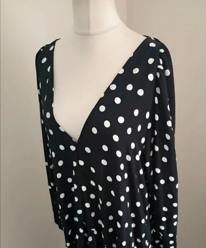 Edie B Black White Polka Dot Frill Dress Long Sleeve V Neck Size 18