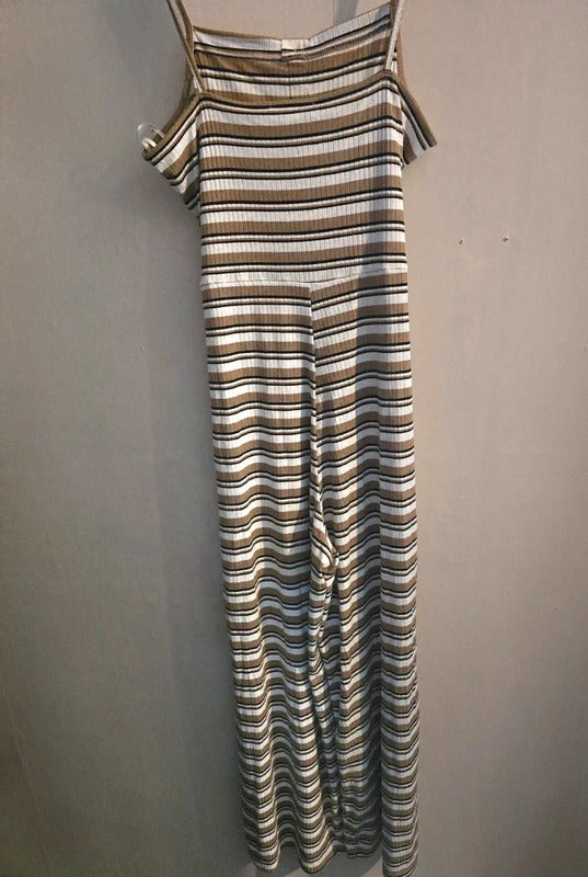 Topshop Beige & White Striped Sleeveless Belted Flared Crop Jumpsuit Size 12