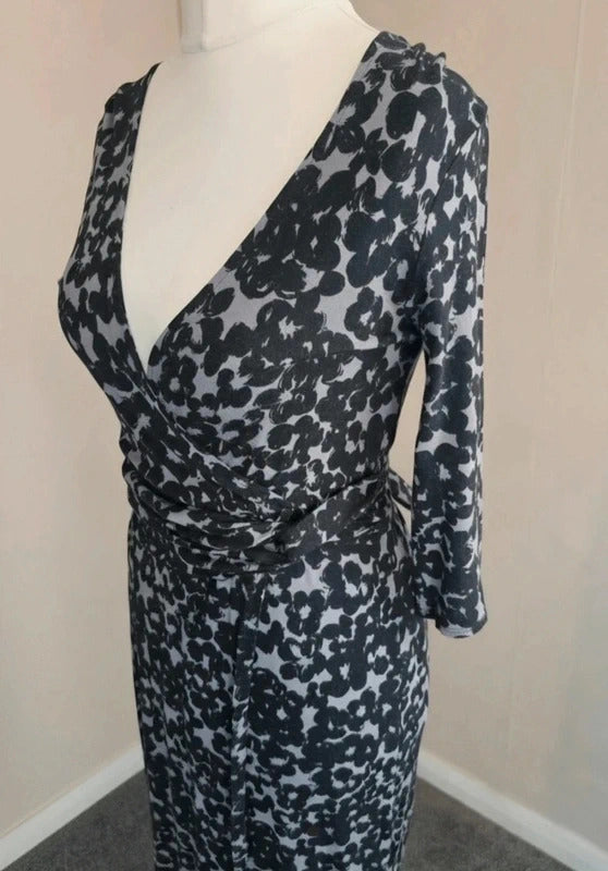 Monsoon Women's Black & Grey Floral Wrap-Front Midi Dress Size 12