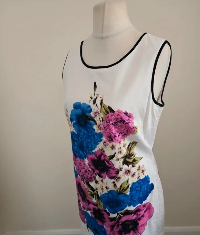 Debenhams Floral A-Line Dress Size 14 White Cotton Knee Midi Sleeveless