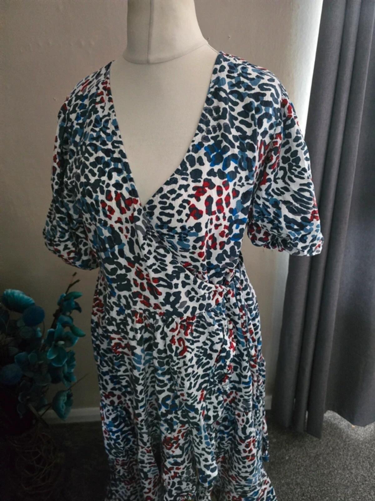 Next Multicoloured Animal Print Midi Wrap Dress with Puff Sleeves Size 12