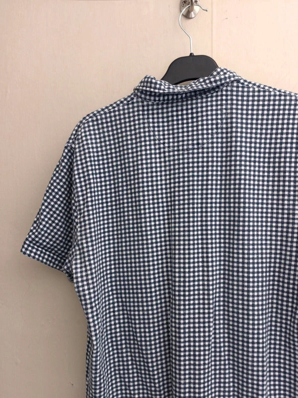 Next Men's Blue & White Gingham Checked Short-Sleeved Polo Shirt Slim Fit Size Large