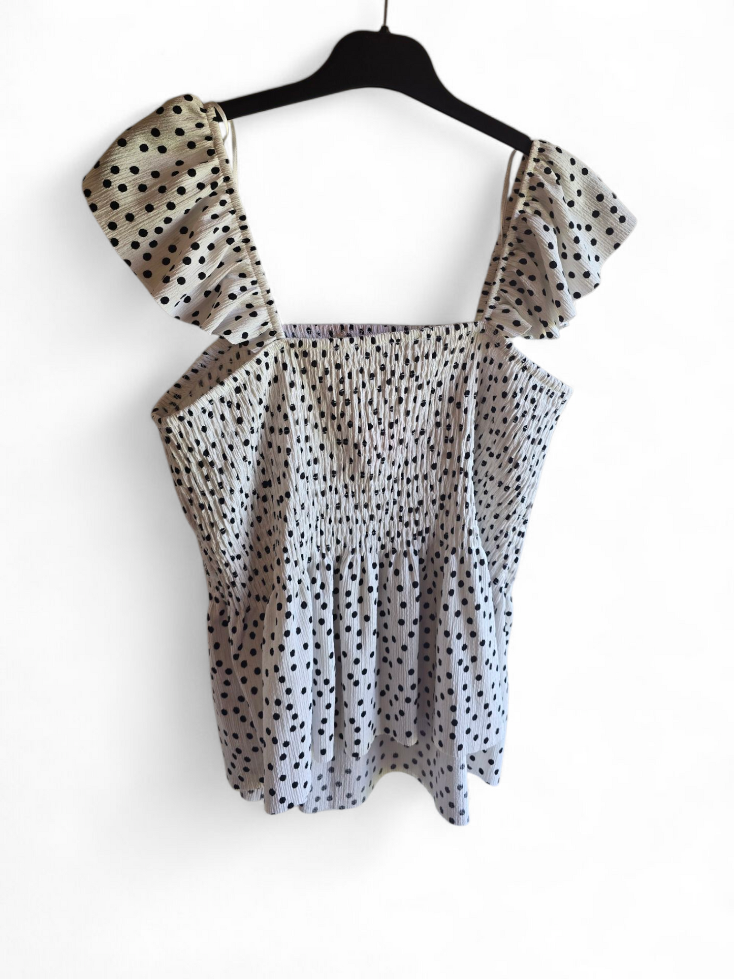 George Black & White Polka Dot Peplum Top | Size 18 UK | Elastic Chest & Frill Sleeves