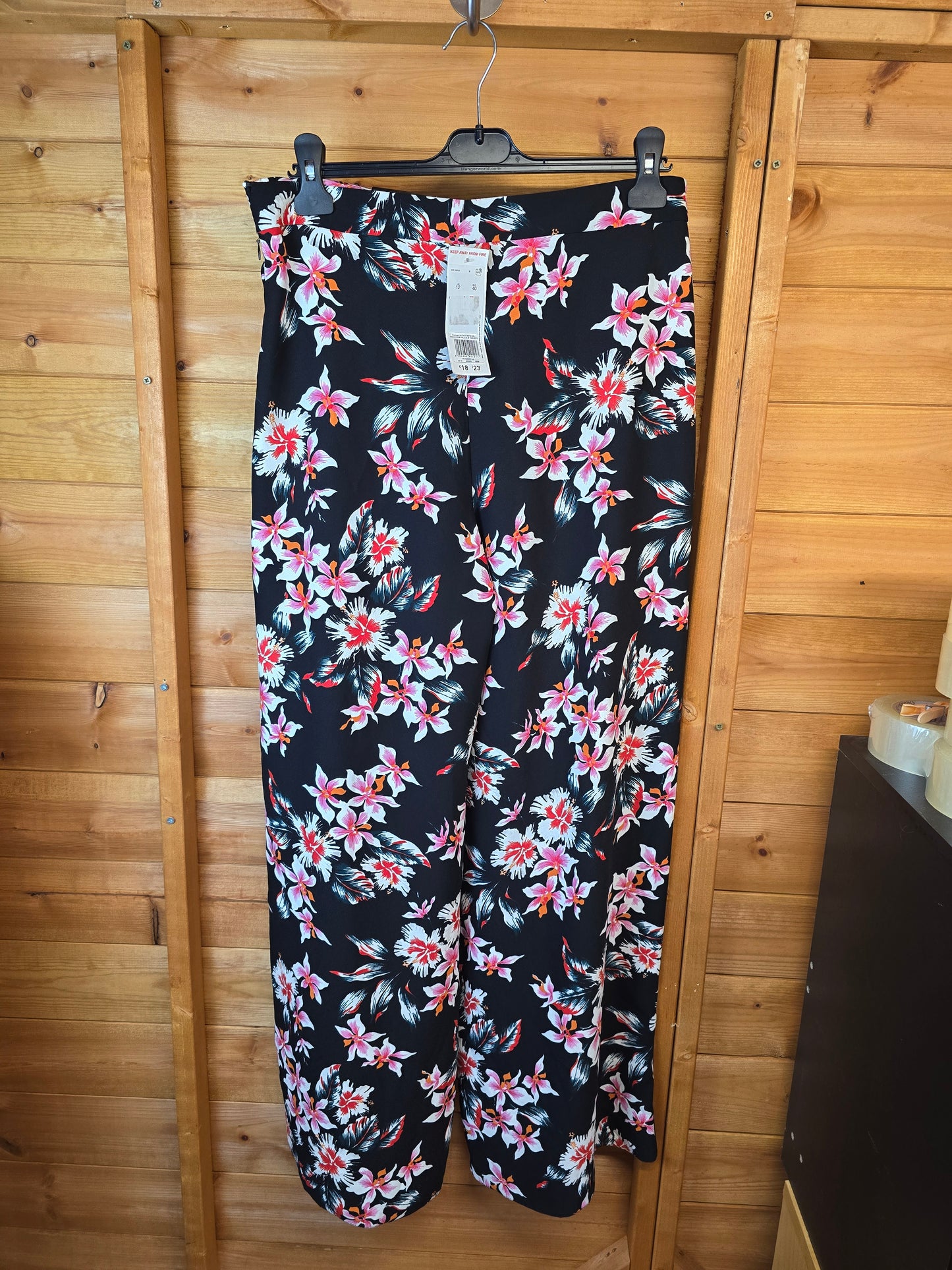 F&F Black Floral Wide Leg Trousers Size 12 β NWT
