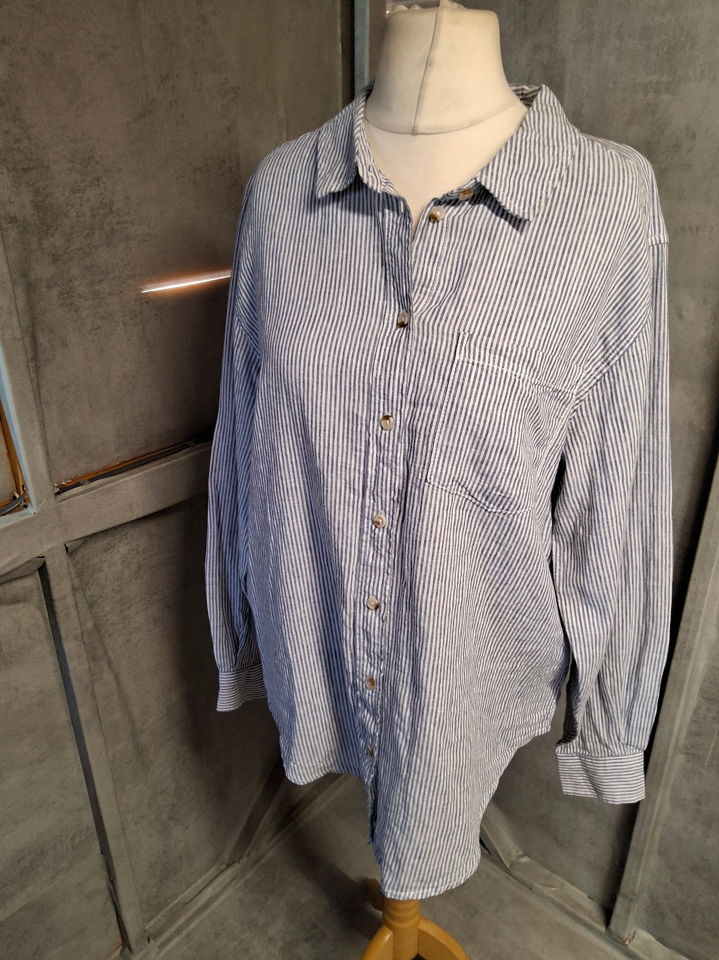 Matalan Blue & White Striped Linen Blend Shirt – Size 12 – BNWT