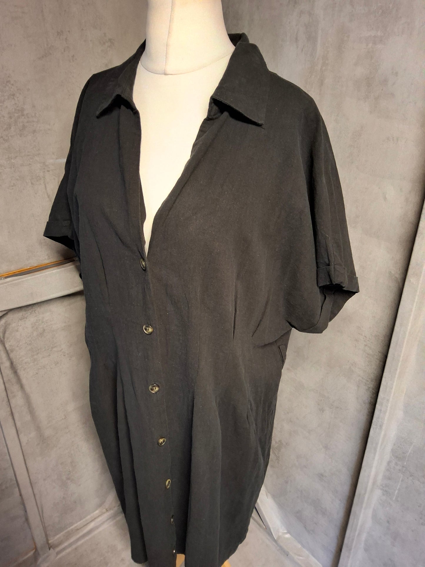 H&M Black Linen Blend Button-Down Dress – Size XL (UK size 16/18) – Missing Belt
