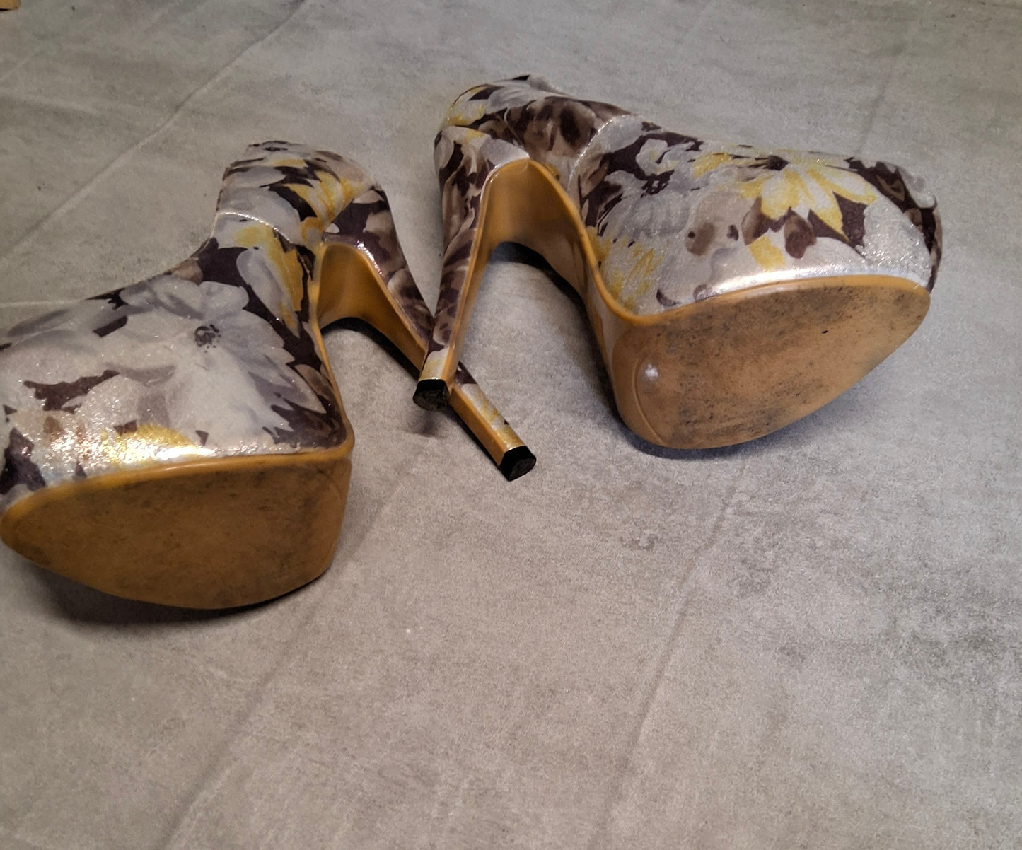 Sergio Todzi Silver, Purple & Yellow Floral Platform High Heels UK 4 – Metallic 13cm Heel
