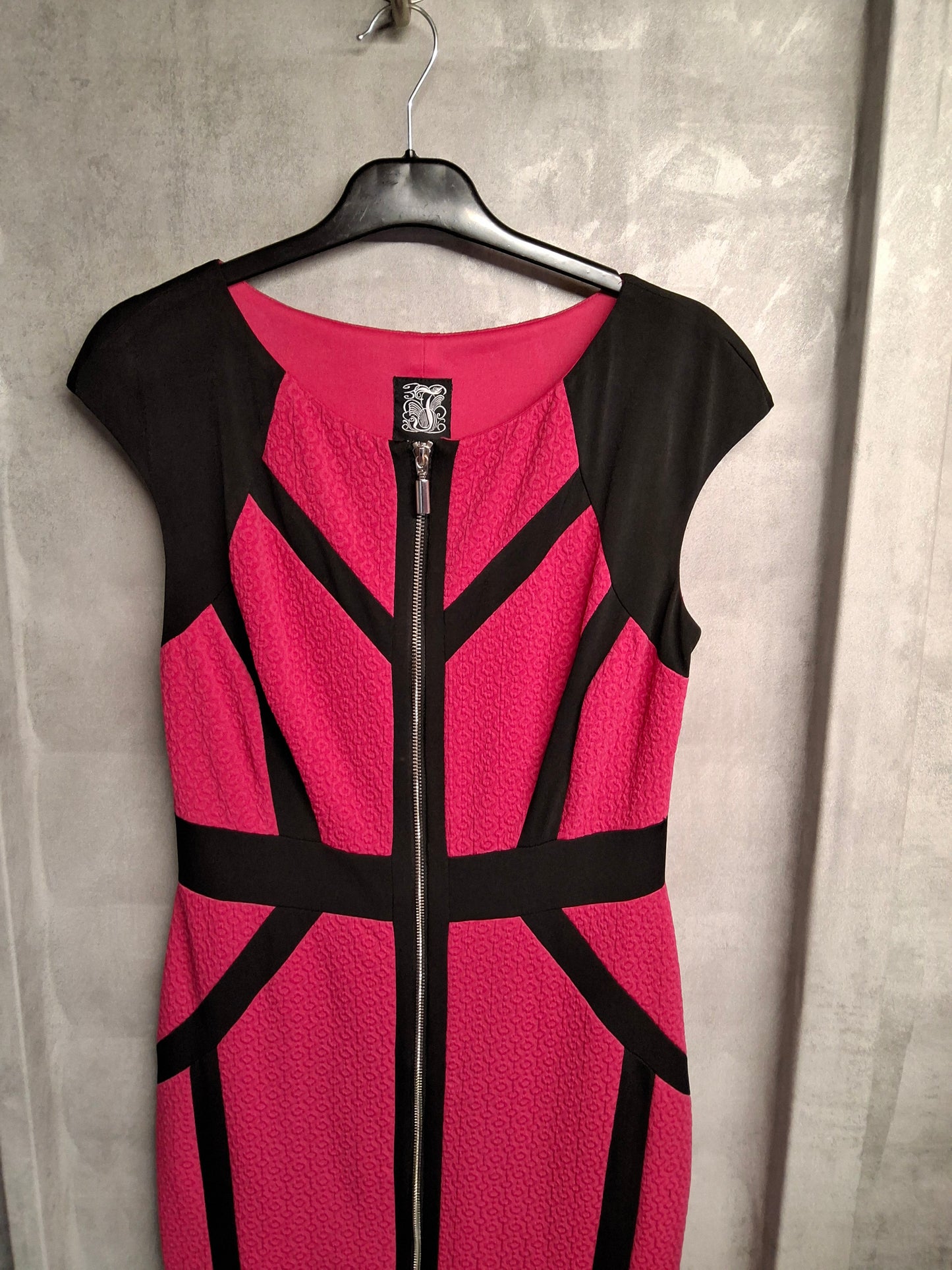 Jax Pink & Black Zip Front Bodycon Midi Dress β UK size 6/8 β Bold Contrast Panels β Party Ready