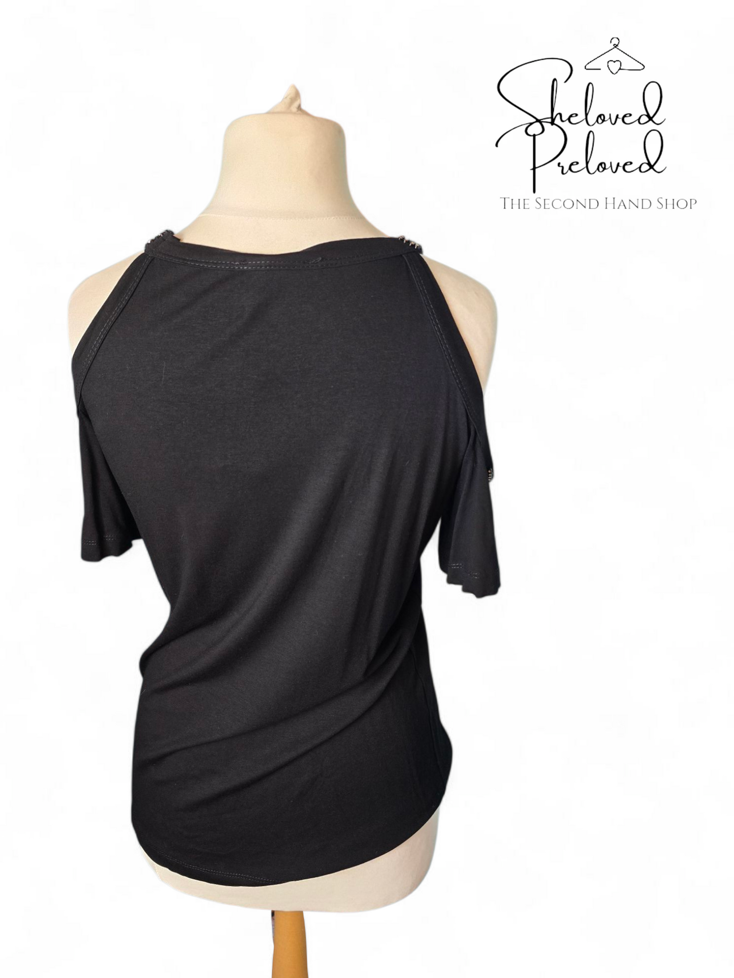 Black & Silver Gem Cold Shoulder T-Shirt – Size 14, Stretch Fit