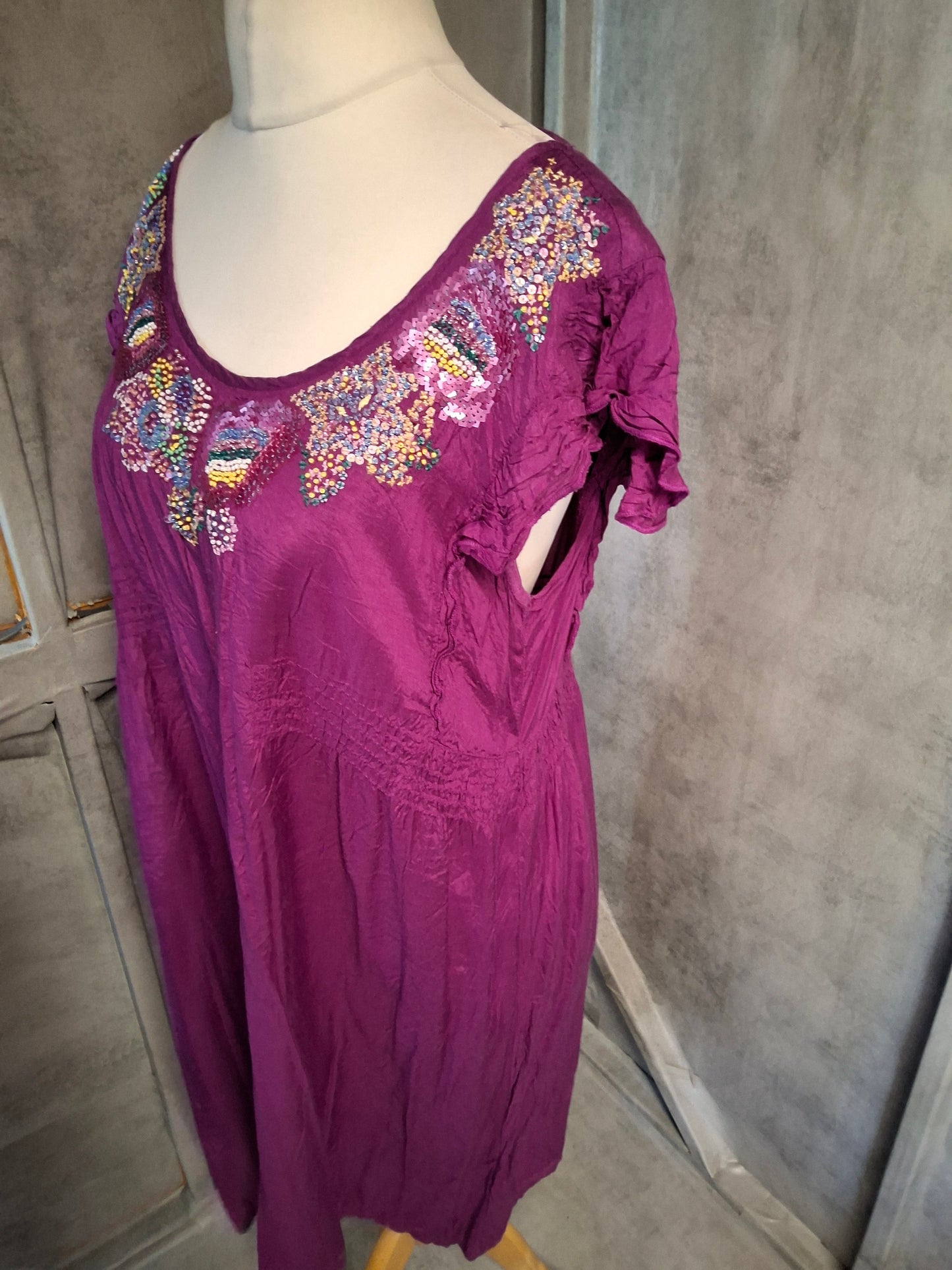 New Look Purple A-Line Dress | Size 16 UK | Beaded Front, Frill Sleeves, Tie Back