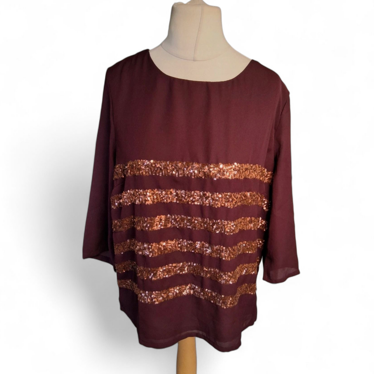Dickens & Jones Burgundy & Bronze Sequin Top – Size 16 – Sheer Sleeves