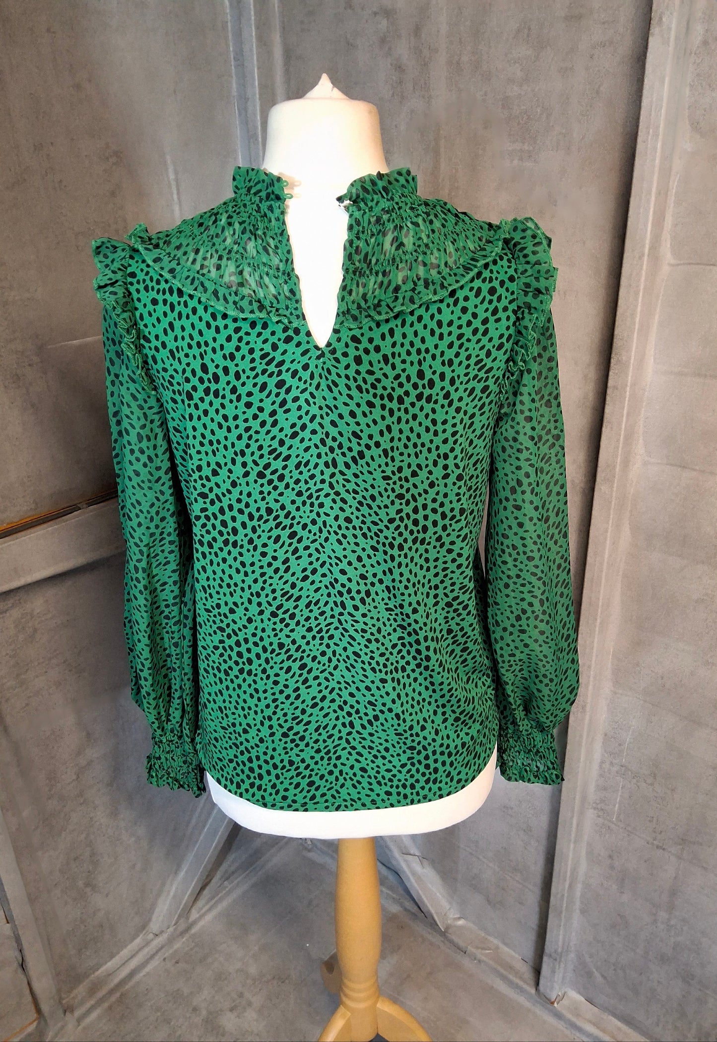 Lipsy Love & Roses Green Leopard Print Blouse β Sheer Sleeves, High Neck β Size S (size 10/12)