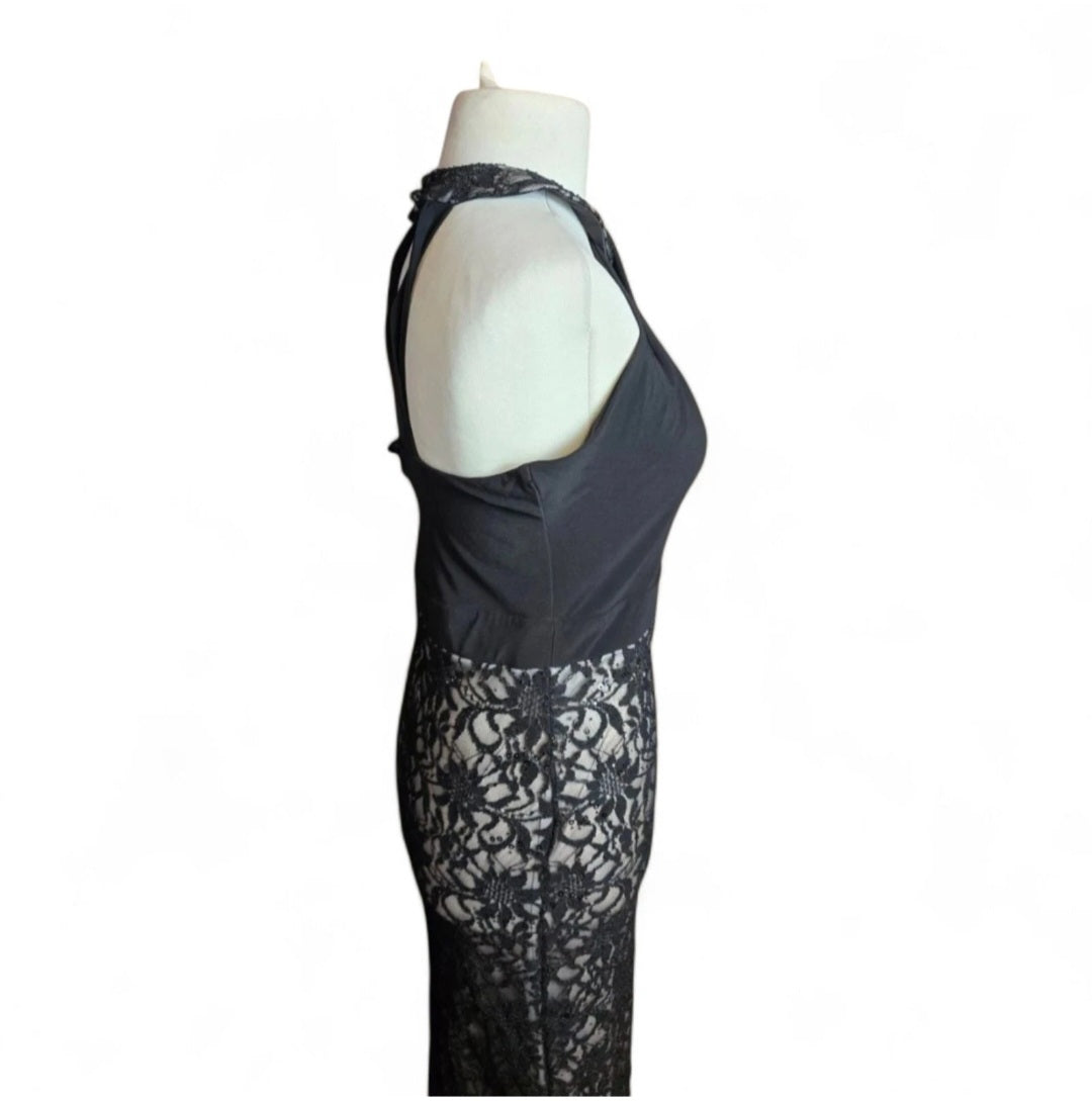 Jane Norman Black Lace Sequin Dress – Size 12, Sleeveless, High Neck, Long A-Line Formal Dress