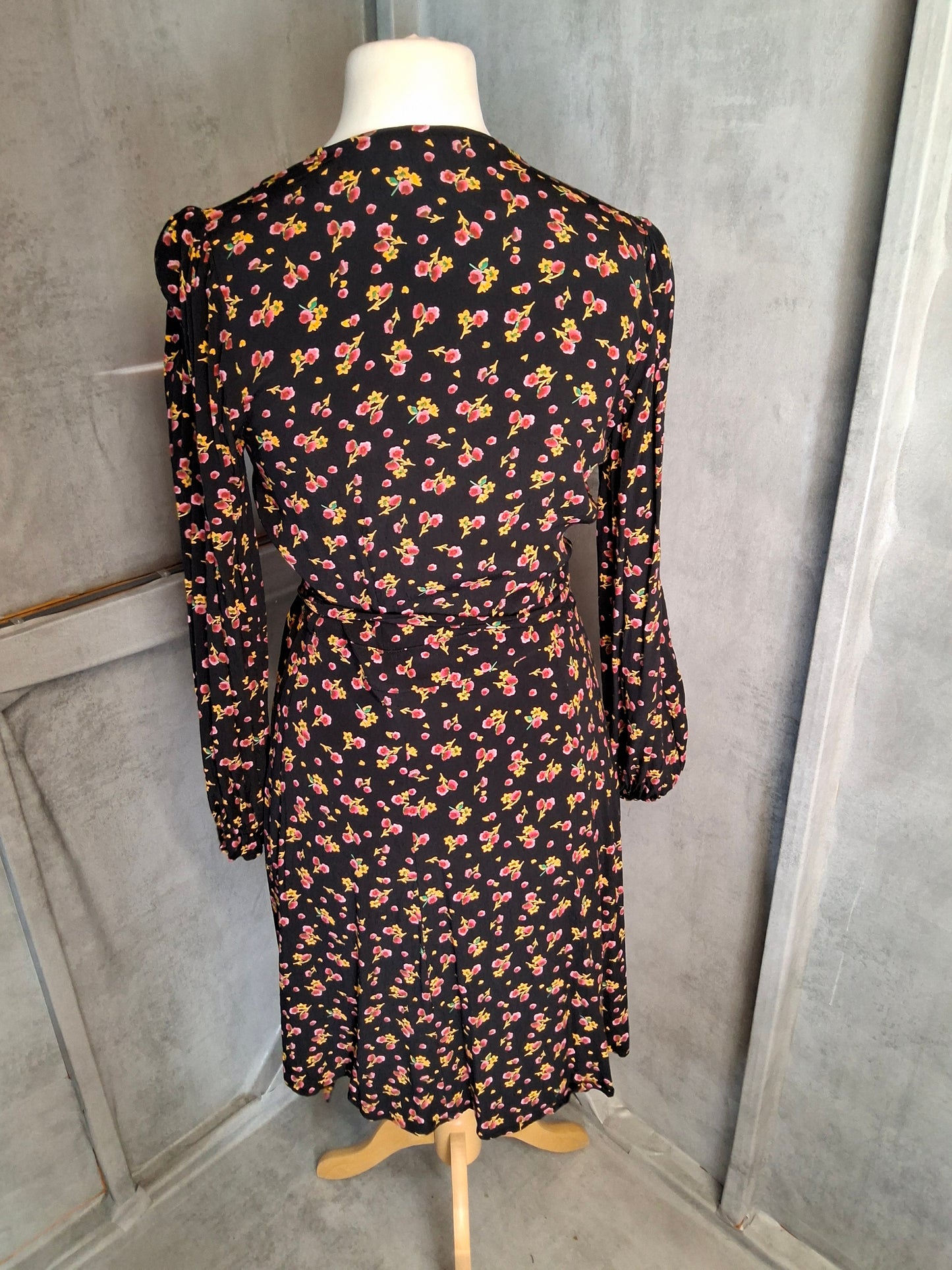 M&S Ghost Black Floral Wrap Midi Dress – Size 8 Regular – Viscose Elegance