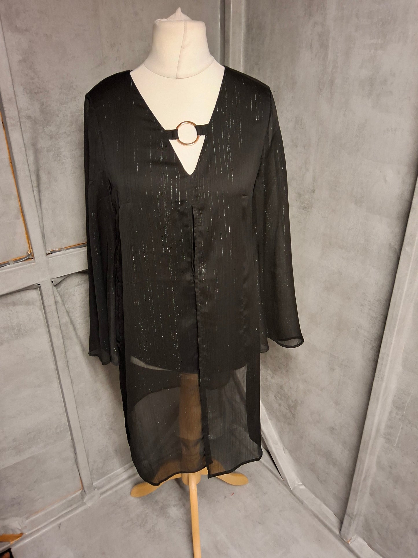 Julien Macdonald Black & Silver Sheer Long Sleeve Top – Size 8 – Evening Statement Piece