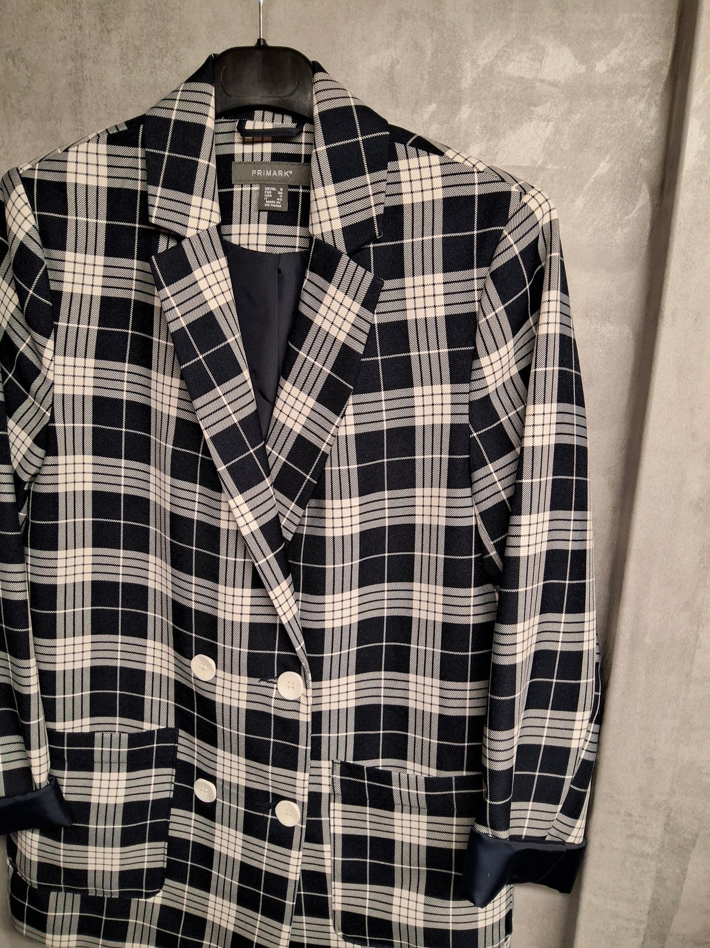 Primark Navy & White Checked Double-Breasted Blazer – Size 8