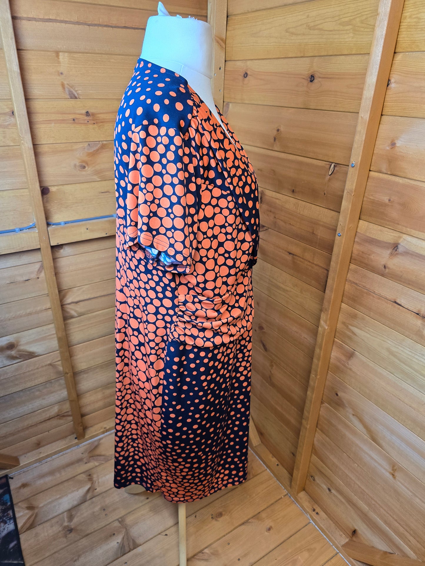 Kaleidoscope Orange & Black Polka Dot Midi Dress | Size 22 UK | Wrap V-Neck, Tummy Control