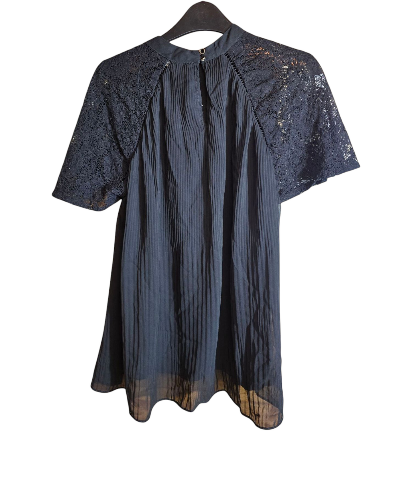 Next black pleated lace short sleeved top size 12
