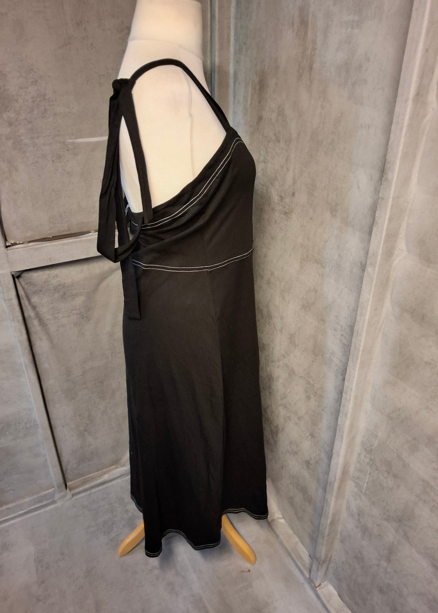 ASOS Black Cotton Midi Dress – Size 12 – Tie Shoulder & Front Slit