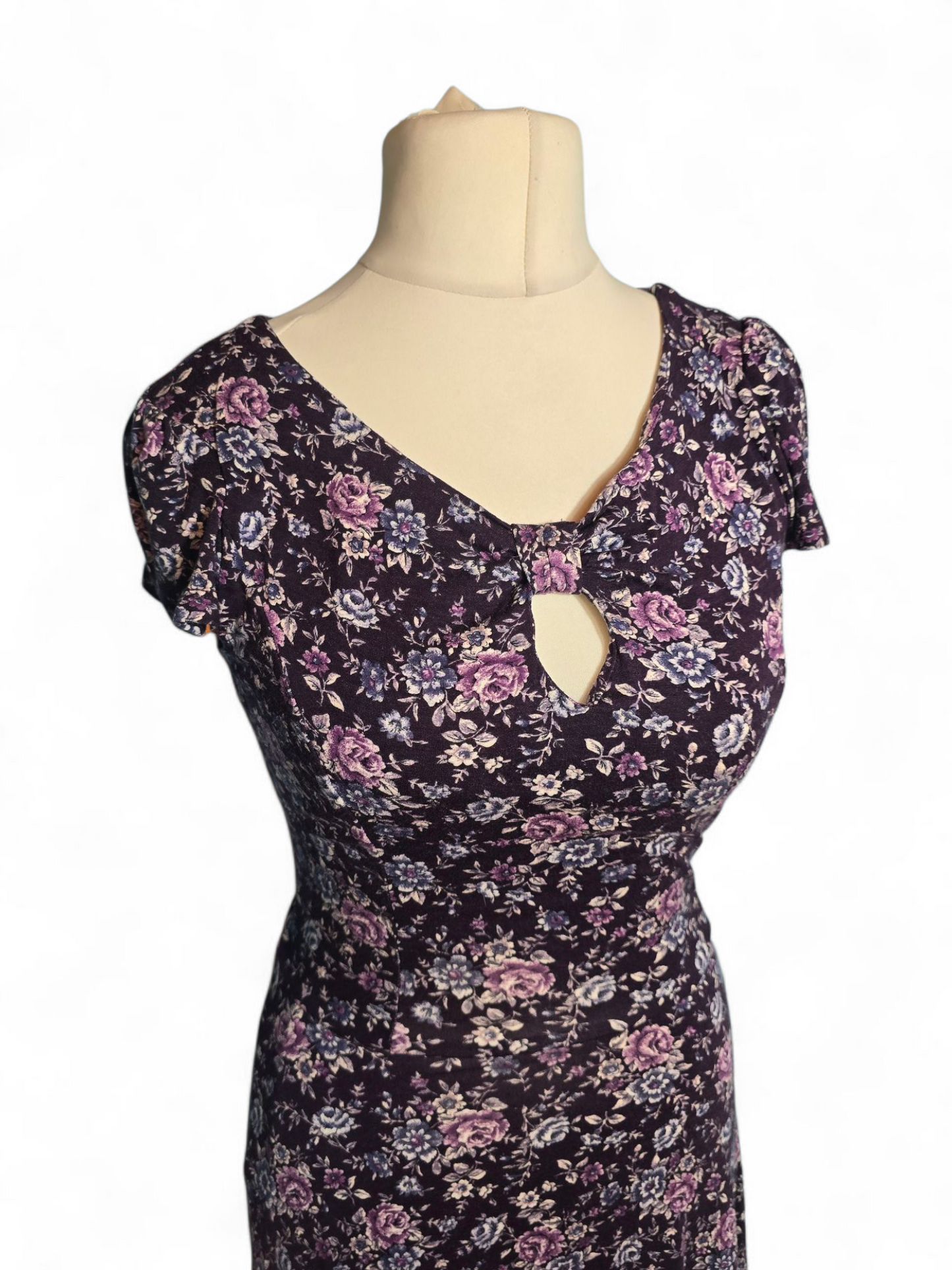 F&F Purple Floral Short Sleeve Midi Dress - Knotted Front, Flared Skirt, Viscose size 8