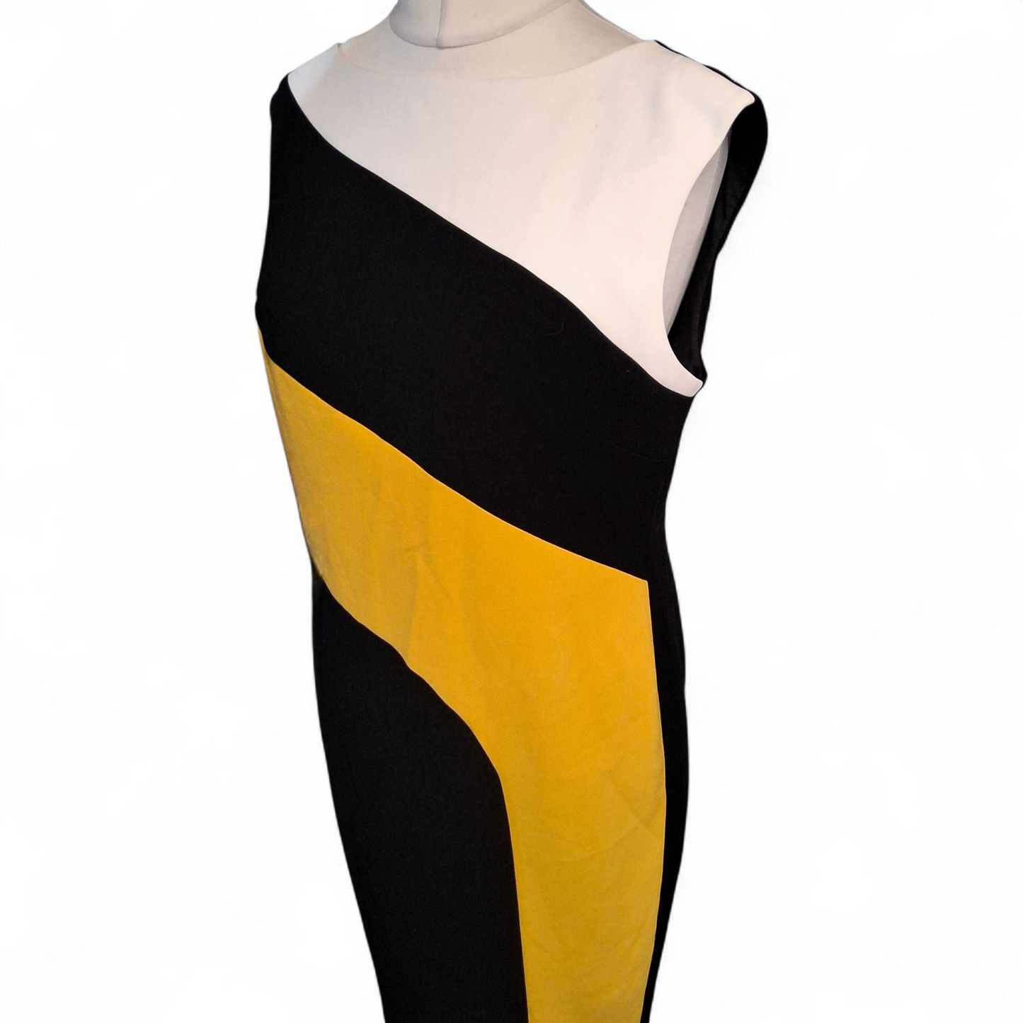 Marks & Spencer Black Yellow White Colour Block Midi Shift Dress – Size 14R