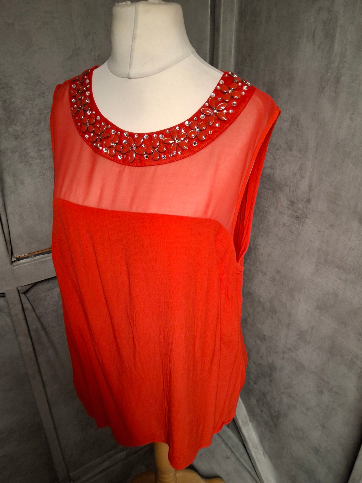 F&F Red Sleeveless Embellished Blouse – Size 20 – Sheer Panel & Statement Beading